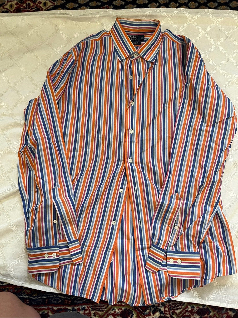 Vintage Ralph Lauren Men's Multi-Stripe Dress Shirt in Orange, Blue & White